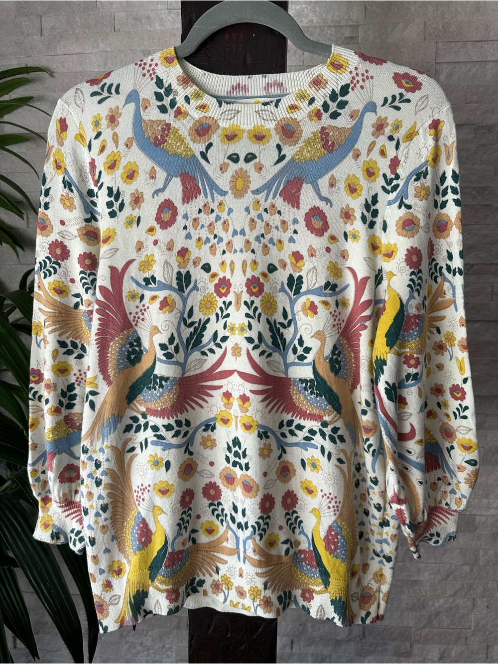 Boden Cream Sweater with Multicolor Floral & Bird Folk Art Motif Size 8